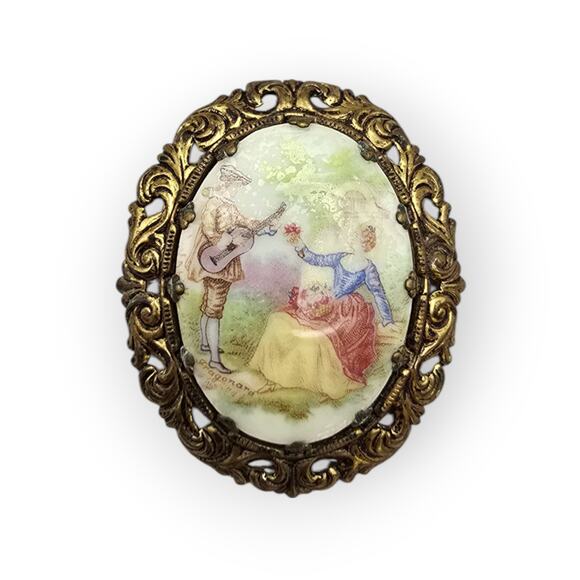 1950s Western Germany Hand-Painted Courting Scene Brooch - Picture 2 of 6